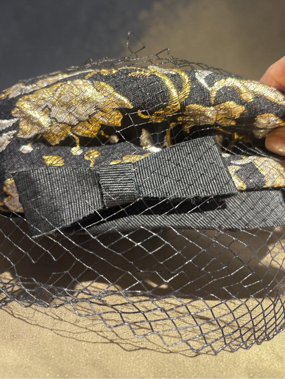 Vintage 1950s Black and Gold Floral Brocade Hat with Netting